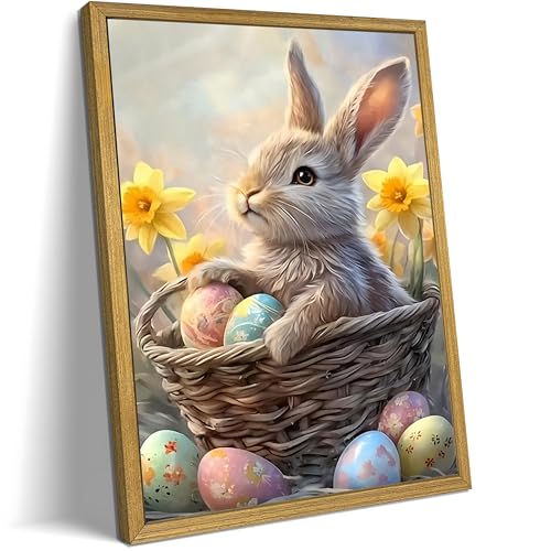 Easter Bunny Wall Art, Cute Rabbit Canvas Wall Decor Painting, Easter Eggs Poster Print Picture, Spring Farmhouse Animal Oil Painting for Living Room Bedroom Kitchen Holiday Home Decor 8x10 Inch Wood Framed - color: Easter Bunny C, size: 10"L x 8"W