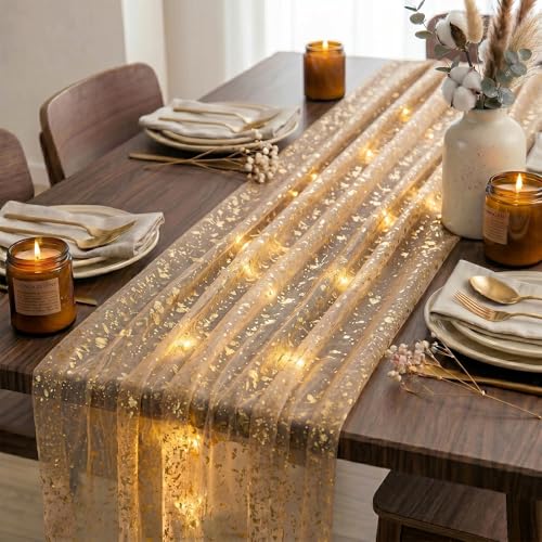 Artscope Lighted Coffee Gauze Table Runner,Glitter and Foil Table Decor for Weddings Anniversary Birthday and Holiday Party Decorations – 28" x 120" - color: Coffee