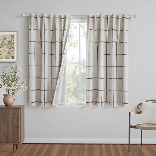 MYSKY HOME 100% Blackout Plaid Linen Curtains 45 Inches Long Double Layer Farmhouse Thermal Insulated Checkered Print Drapes with Rod Pocket Back Tab for Small Window, 2 Panels, 52" Wide, Black - color: Black, size: 52"W x 45"L (Pack of 2)