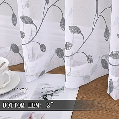 Tollpiz Leaves Sheer Tier Curtain Grey Leaf Embroidery Kitchen Half Curtains Rod Pocket Voile Faux Linen Embroidered Leaves Curtain for Bathroom, 30 x 36 inches Long, Set of 2 Panels - color: Grey, size: 30"W x 36"L (Pack of 2)