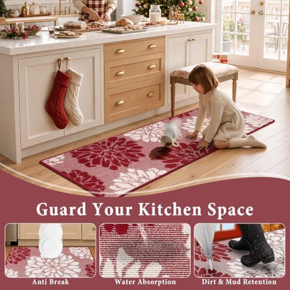 Findosom Christmas Kitchen Rugs Sets of 2, Floral Washable Kitchen Runner - color: Red, size: 24" x 36" + 24" x 60"