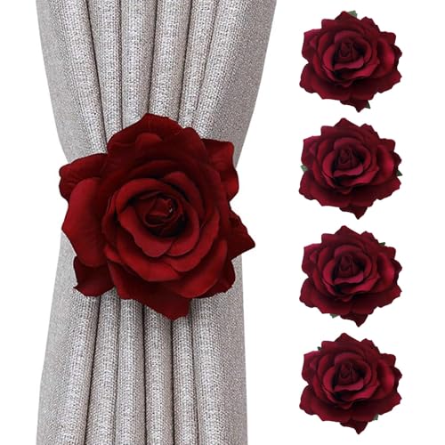 Magnetic Curtain Tiebacks, Rose Flower Tie Backs Rope - color: Burgundy-4 Pack