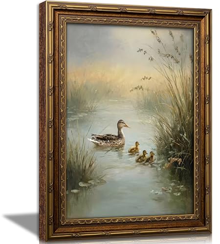 Vintage Gold Framed Duck Wall Art, Pond Ducks Oil Painting Canvas Print, Miniature Bird Wall Decor, Antique Animal Mallard Picture Poster, Rustic Farmhouse Artwork for Nursery Bedroom Living Room - color: Duck, size: 24''Lx16''W