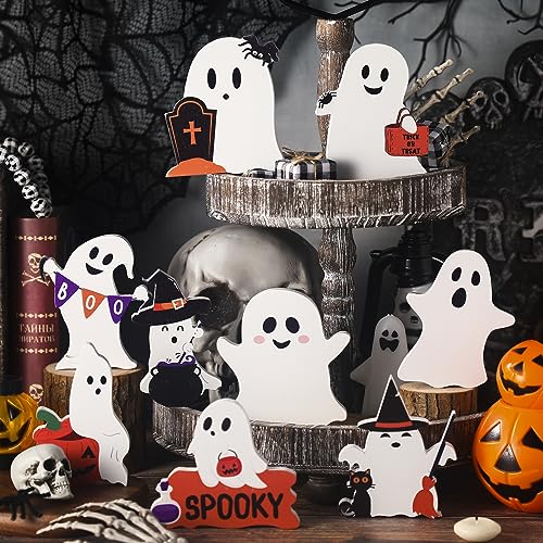 Huwena 9 Pcs Halloween Wooden Ghost Table Decoration Halloween Ghosts Signs