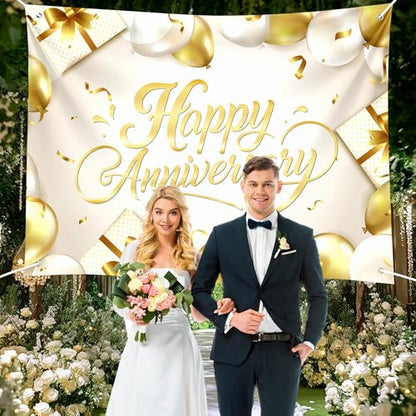 Happy Anniversary Backdrop Banner White Gold Elegant Photography Background for Wedding Couples Party Decor 72x43 Inch