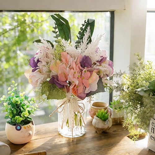 Fake Flowers with Vase, Artificial Pink & Purple Hydrangea Arrangement - color: Purple & Green