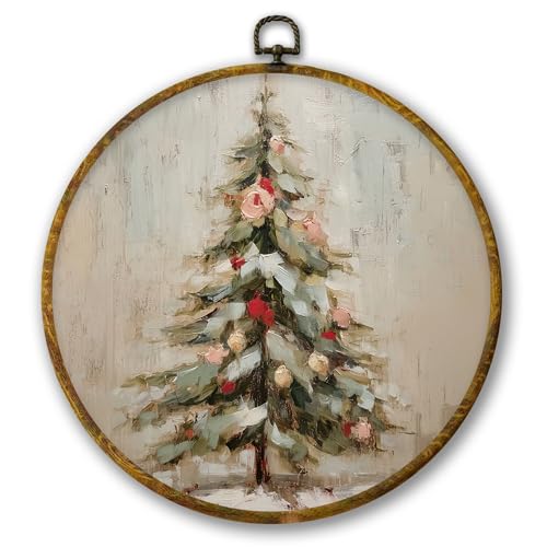 Mcehtle Vintage Christmas Tree Wall Art Decor, Winter Xmas Tree Framed Canvas Prints 10x10, Retro Winter Christmas Holiday Round Wall Hanging Artwork Decorations for Home Bedroom Living Room - color: Colour 24
