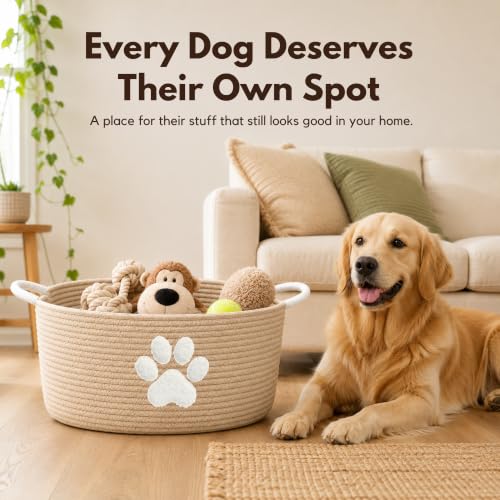 Dog Toy Basket with Handles, Boho Cotton Rope Storage Bin Organizer - color: Khaki / White Paw