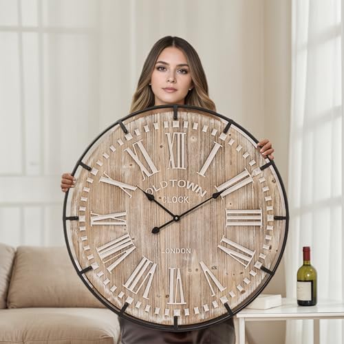 Farmhouse Wall Clock 30 Inch - Rustic Wood Metal Decor, Silent Sweep, Battery Operated for Living Room Kitchen Office, Brown - size: 30 Inch