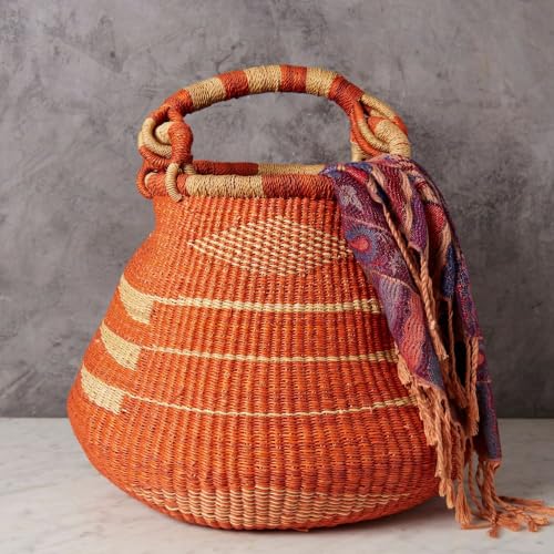 Large Orange Bolga Basket, Decorative Wicker Bolga Basket, African Woven Pot Basket, 16" Wide - size: Orange Geometric