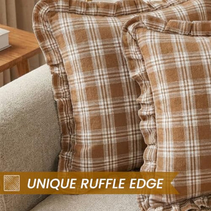 Brown Ruffle Tartan Plaid Gingham Fall Farmhouse Throw Pillow Covers 20x20 - color: Brown Ruffled Plaid Throw Pillow Covers, size: 20" x 20" (Pack of 2)