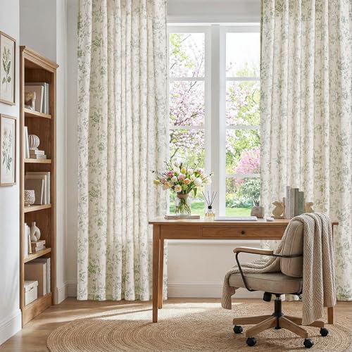 jinchan Custom Size Curtain Green Floral Linen Curtain Back Tab 1 Panel - color: Amlie Green, size: Custom