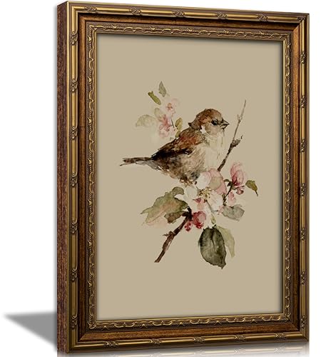 Vintage Gold Framed Sparrow Floral Wall Art, Watercolor Bird Canvas Print - color: Bird, size: 11"LX9"W