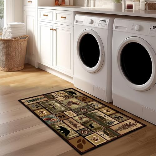 Cabin Bear Rustic Rug 3x5,Deer Country Wildlife Area Carpet - size: 3'x5'