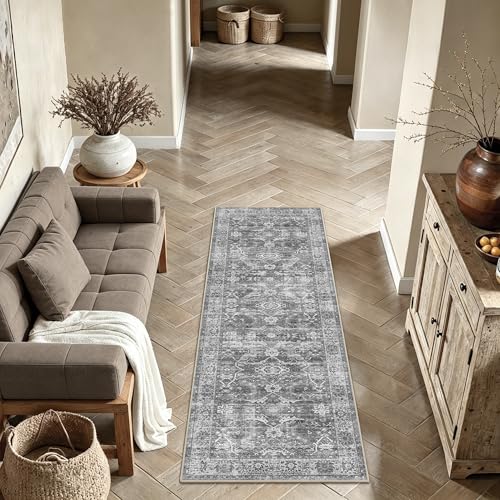Zeeinx 2x6 Grey Vintage Washable Runner Rugs for Hallway Kitchen - color: Grey, size: 2'*6'(Runner)