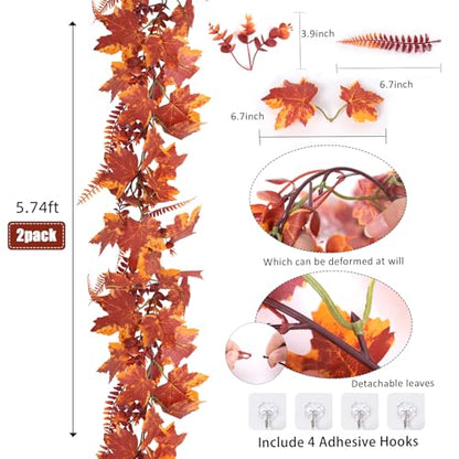 RECUTMS 2Pc Fall Maple Leaves Vines with Boston Fern Eucalyptus Leaf 5.74FT - color: 2pcs Fall Maple Boston Garlands