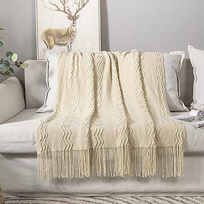 MIULEE Beige Knitted Boho Throw Blanket for Couch 50"x60" - color: Beige, size: 50" x 60"