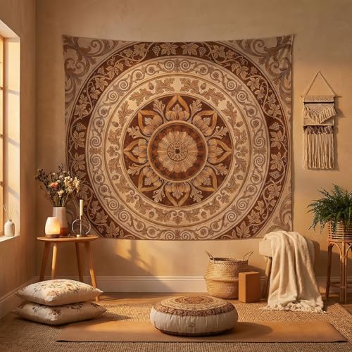 Spenlife Vintage Woodcut Mandala Tapestry, Antique Brown Medallion Wall Decor, Classical Floral Carving Wall Hanging for Study Room (60" x 44") - color: Brown, size: 60"L x 44"W