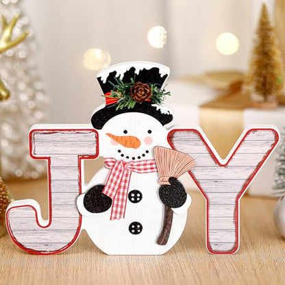 Snowman Christmas Decorations Indoor, Wooden Joy Sign Tabletop Decor