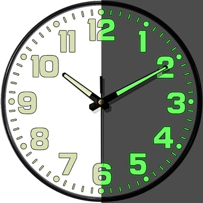 Glow in the Dark Wall Clock Non Ticking, 10 inch Silent Wall Clocks Battery Operated, Large Number Tempered Glass, Round Night Light Analog Clock for Bedroom Living Room Kitchen Office, White - color: White Green, size: 10 Inch