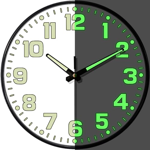 Glow in the Dark Wall Clock Non Ticking, 10 inch Silent Wall Clocks Battery Operated, Large Number Tempered Glass, Round Night Light Analog Clock for Bedroom Living Room Kitchen Office, White - color: White Green, size: 10 Inch