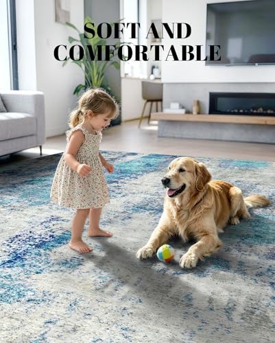 Washable Area Rug Living Room Rugs 8X10 - Neutral Modern Abstract Rugs Soft Carpet with Non Slip Backing for Under Dining Room Table, Bedroom, Home, Office, Light Blue - color: Light Blue/Gray, size: 8' x 10' (Rectangular)