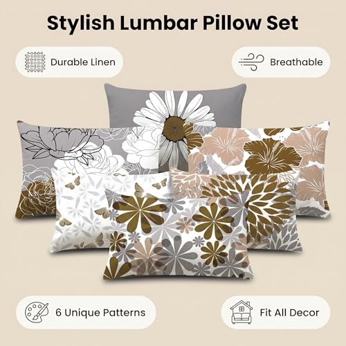 COMMINY Brown Grey Lumbar Pillow Covers 12x20 Set of 6 Floral Pillow Covers - color: Grey Brown, size: 20" x 12" (Pack of 6)