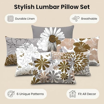 COMMINY Brown Grey Lumbar Pillow Covers 12x20 Set of 6 Floral Pillow Covers - color: Grey Brown, size: 20" x 12" (Pack of 6)