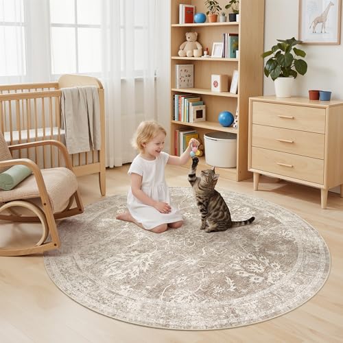 Madane Washable Round Rug 6ft for Living Room, Soft Natural Rug Brown/Sand - color: Brown/Sand, size: 6' (Round)