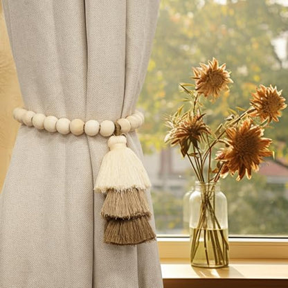 Magnetic Curtain Tiebacks with Wood Beads, Boho Rope Drapery Holdbacks with Triple Tassels, No Drill Curtain Holders for Farmhouse Bedroom, Living Room or Nursery, 2 Pack, Beige Taupe Brown - color: Beige/Taupe/Brown