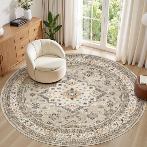 cotiled 8ft Round Living Room Area Rug, Washable, Traditional, Beige - color: Beige, size: 8' (Round)