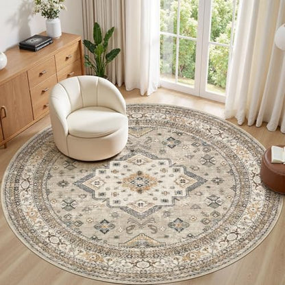 cotiled 8ft Round Living Room Area Rug, Washable, Traditional, Beige - color: Beige, size: 8' (Round)