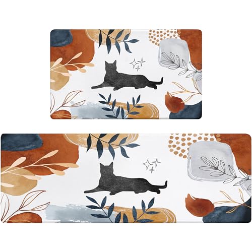 Boho Kitchen Rug Mats for Floor Cushioned Anti Fatigue Kitchen Rugs Sets of 2 Botanical Black Cat Non Slip Waterproof Comfort Memory Foam Standing Floor Mat for Office Laundry Sink Desk - color: Black Cat, size: 46"Lx17"W+29"Lx17"W-0.3"H