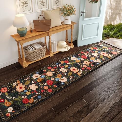 Rugcomf Washable Kitchen Runner 2'7"x12' - Floral Long Hallway Runner Rug Non Slip, Boho Carpet for Entryway, Hall, Bathroom - Black - color: Black, size: 2'7" x 12' (Rectangular)