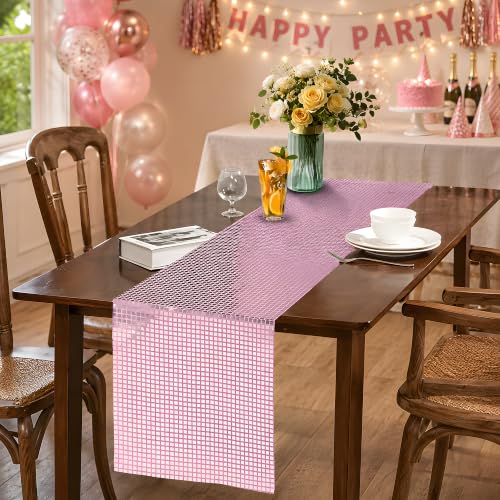 Disco Party Decorations - Pink Glitter Disco Table Runner - color: Pink Sequin Glitter