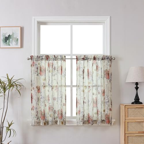 OWENIE Crushed Sheer Cafe Curtains Kitchen Tiers 30 Inch Length 2 Panels, Printed Design Small Window Half Curtains for Bathroom Bedroom Cupboard Living Room, Short Light Filtering Curtain, 42"x30" - size: 42"W x 30"L (Pack of 2)