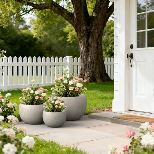 Kante Set of 3 Weathered Concrete Bowl Planters 20" 15.7" 11.8" Dia - color: Weathered Concrete, size: 19.9"D + 15.7"D + 11.8"D