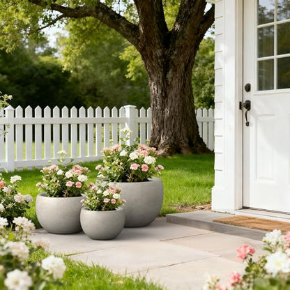 Kante Set of 3 Weathered Concrete Bowl Planters 20" 15.7" 11.8" Dia - color: Weathered Concrete, size: 19.9"D + 15.7"D + 11.8"D
