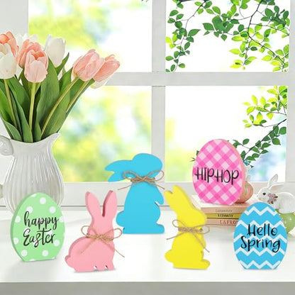 6Pcs Easter Bunny Decorations for Home Wooden Easter Table Signs Rabbit Egg Shaped Tabletop Centerpieces with Rope for Tiered Tray Decor Home Indoor Office Party Farmhouse Decor