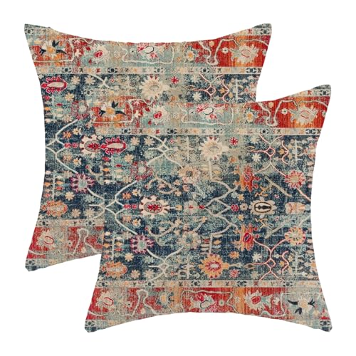 Boho Pillow Covers 16x16 Inch Set of 2,Navy Blue Burnt Orange Ethnic Design Throw Pillows Case,Carpet Pattern Outdoor Decorative Square Linen Farmhouse Decor Cushion Covers for Home Sofa Bed Couch - color: Navy Blue Orange Boho, size: 16" x 16" (Pack of 2