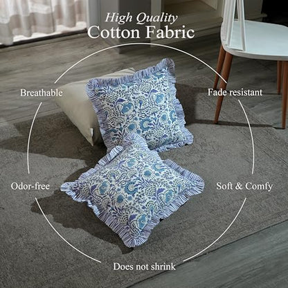 CPC Indigo Blue Block Print Ruffle Pillow Cover 16x16 Inch, Pack of 2 - color: Indigo Blue, size: 16" x 16" (Pack of 2)