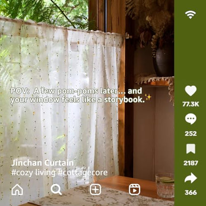 jinchan Green Pom Pom Voile Kitchen Tier Curtains 24 Inches 2 Panels - color: Dottie Sunlit Grove, size: 26"W x 24"L (Pack of 2)