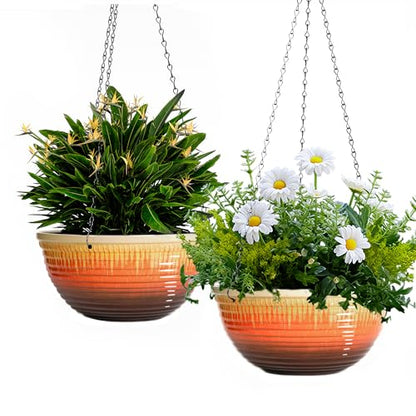 12 inch Large Hanging Planters with Drainage Hole, 2 Pack - color: Orange Glaze, size: 12 Inch
