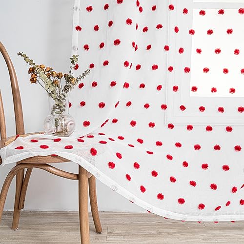 MYSKY HOME Red Pom Pom Curtains for Kitchen Windows 45 Inch Long 2 Panels - color: Red Pom Pom, size: 50"W x 45"L (Pack of 2)