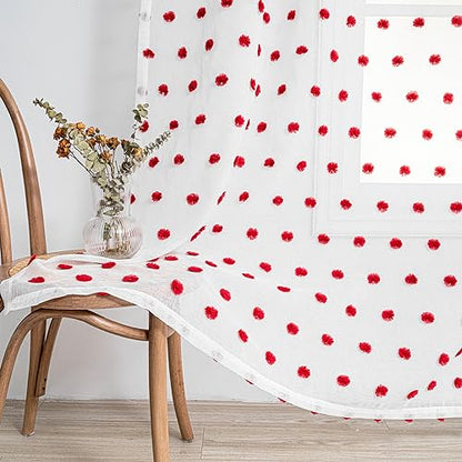 MYSKY HOME Red Pom Pom Curtains for Kitchen Windows 45 Inch Long 2 Panels - color: Red Pom Pom, size: 50"W x 45"L (Pack of 2)
