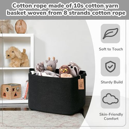 Goodpick 50L Large Woven Rope Storage Basket with Handles, Black - color: Black, size: 18"L x 14"W x 12"H