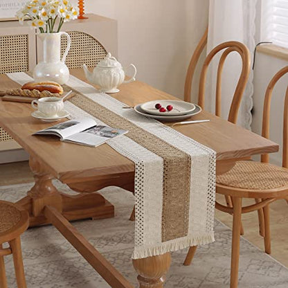 Boho Burlap Macrame Table Runner, Farmhouse Style Cotton Linen Rustic Woven Table Runner with Tassels for Dining, Wedding, Bridal Shower, Bohemian (12x108 inch, Coffee Stripe) - color: Coffee Stripe, size: 12x108 inch