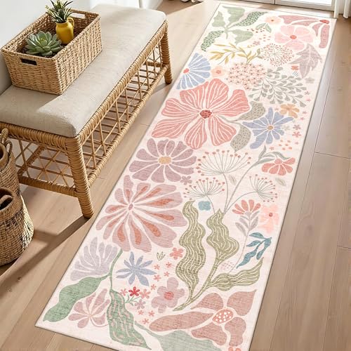 MUJOO Pink Washable 2x6 Runner Rugs Floral Area Rugs Non Slip Low-Pile - color: Pink, size: 2' x 6' (Rectangular)