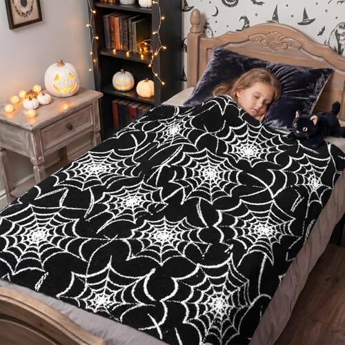 Halloween Gothic Spider Web Blanket Reversible Knit Throw Blanket - color: Black and White, style: Halloween Spiderwebs Blanket