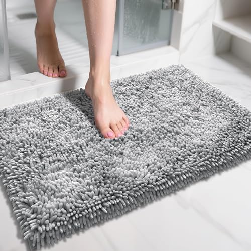Yimobra Chenille Bathroom Rugs Non Slip, Extra Thick Soft Absorbent Bath Rug 31.5x20 Inch, Machine Washable Quick Dry Bath Mat for Bathroom Floor, Tub and Shower, Home Decor Accessories, Light Grey - color: Light Grey, size: 31.5" X 20"